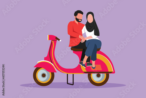 Graphic flat design drawing riders couple trip travel relax. Romantic Arab couple honeymoon moments sitting and talking on motorcycle. Man and woman riding scooter. Cartoon style vector illustration