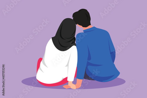 Character flat drawing back view of cute Arab people in love sit holding hands and looking at moon and stars. Happy man and woman enjoying romantic nature together. Cartoon design vector illustration