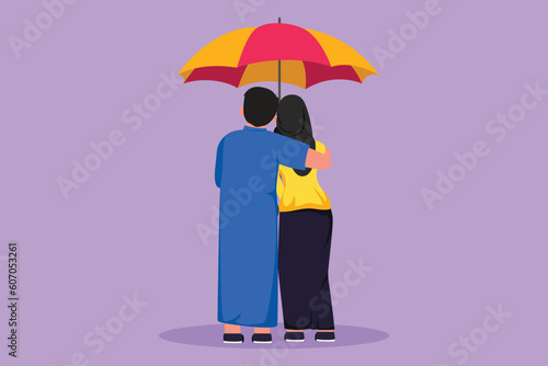 Character flat drawing back view lovers couple in rain. Cute Arab couple in love walking under rain with umbrella. Happy man and woman are walking along city street. Cartoon design vector illustration