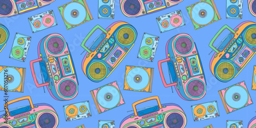 Boombox pattern. 2000s boombox. Y2k trendy illustration. Cassette music player. CD disk player. Retro background. Nostalgia for the 90s and 2000s.