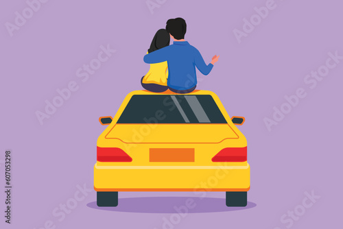 Cartoon flat style drawing back view of loving romantic Arabian couple sitting on top of car. Happy couple getting ready for wedding. Engagement and love relations. Graphic design vector illustration