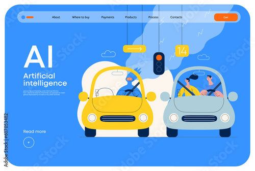 Artificial intelligence, Driving -modern flat vector concept illustration of An artificial intelligence-controlled car. Metaphor of autonomous vehicle, AI superiority and dominance concept