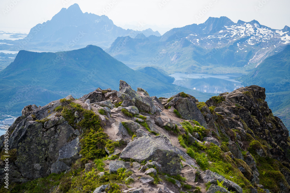 A scenic view of Lofoten showcasing a prominent mountain peak in the foreground, surrounded by a backdrop of distant mountains. A scenic view of Lofoten showcasing a prominent mountain peak in the foreground, surrounded by a backdrop of distant mountains.