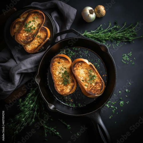 Sourdough bread with garlic in a cast iron pan