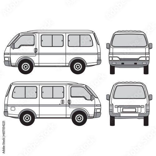 minibus car outline, isolated white background
