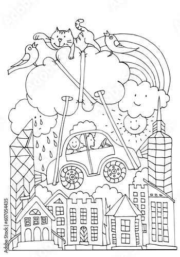 Boy and girl in a car fly over the city. Coloring page. Worksheet for kids. Hand drawn vector illustration