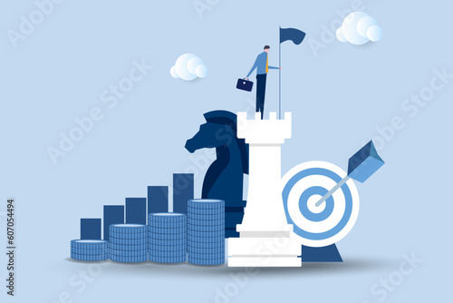 Successful businessman standing on chess pieces.Business and planning strategy concept.  vector illustration.