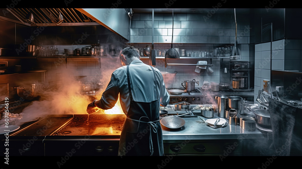 Backside of a chef is cooking in the modern restaurant kitchen, Generative AI