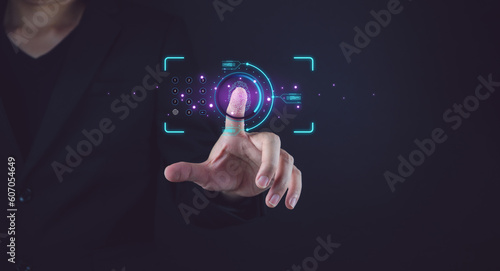 AI Futuristic Digital Processing Biometric Identification Fingerprint Scanner..Surveillance and security scans Personal information, world-class, digital programs in cyberspace... applications