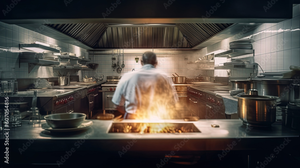 Backside of a chef is cooking in the modern restaurant kitchen, Generative AI Backside of a chef is cooking in the modern restaurant kitchen, Generative AI