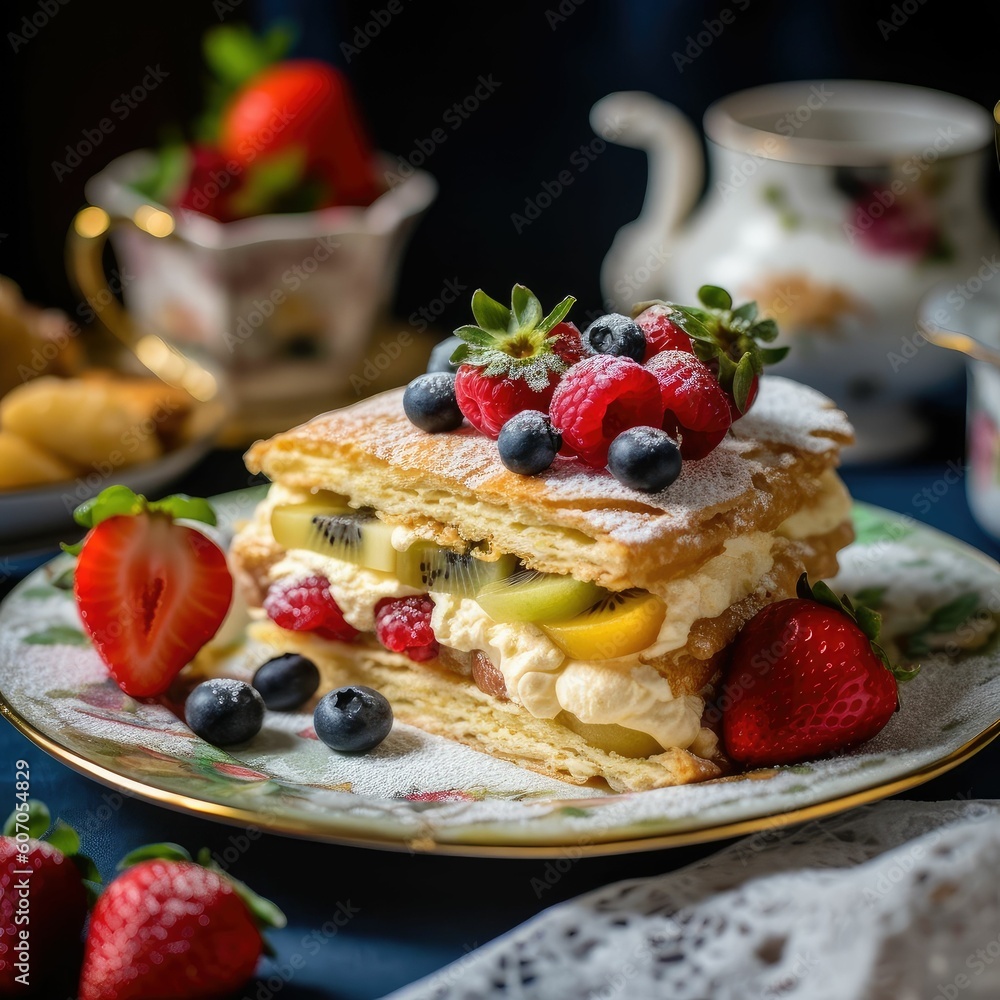 napoleon dessert with coffee and fruits