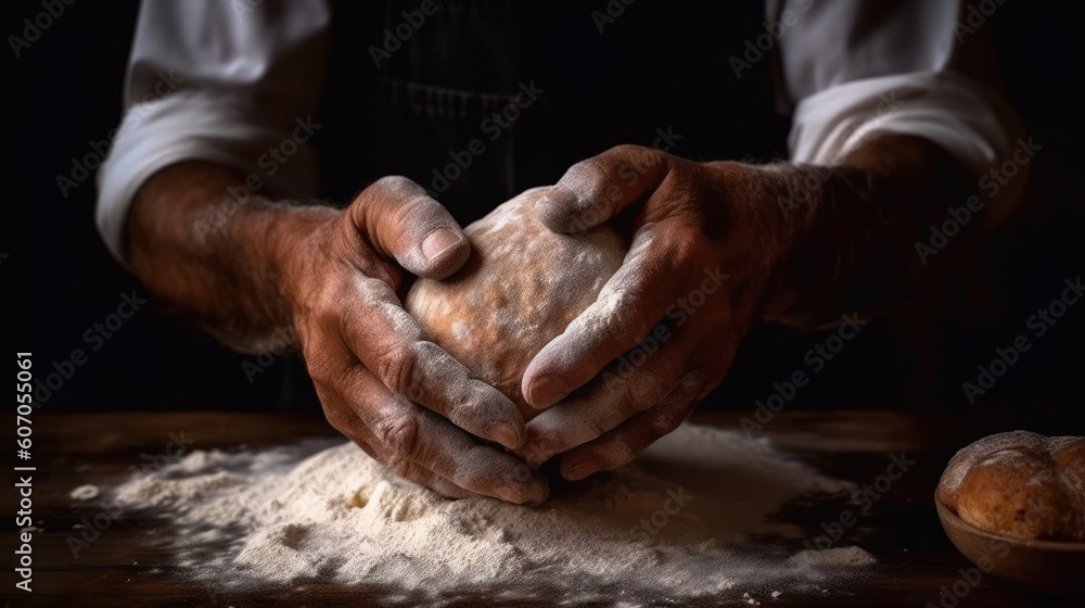 Man preparing bread dough on wooden table in a bakery close up old man kneading dough, making bread using traditional recipe, isolated on black background, Generative AI