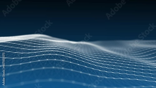 Waving blue glowing cybernetics connecting lines with wireframe wave background. beautiful abstract wave technology background with blue light digital effect corporate concept Technology Background
