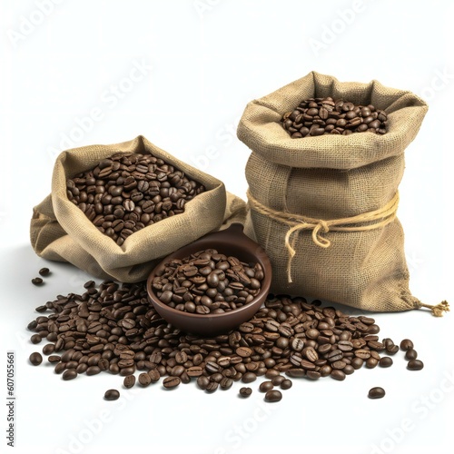 Sack with brown roasted coffee beans. Isolated white background. Created with generative AI technology.