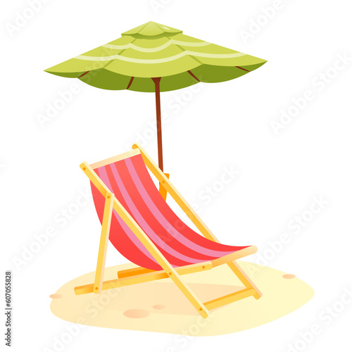 A beach sunbed with an umbrella. Beach umbrella, beach chair. Cartoon vector illustration isolated on a white background.