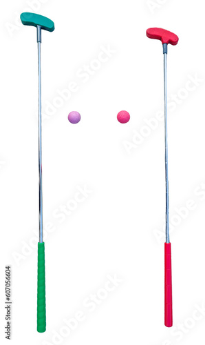 Minigolf putters in different sices with balls isolated on white background / Mini Golf Material / Mini golf clubs with balls isolated 