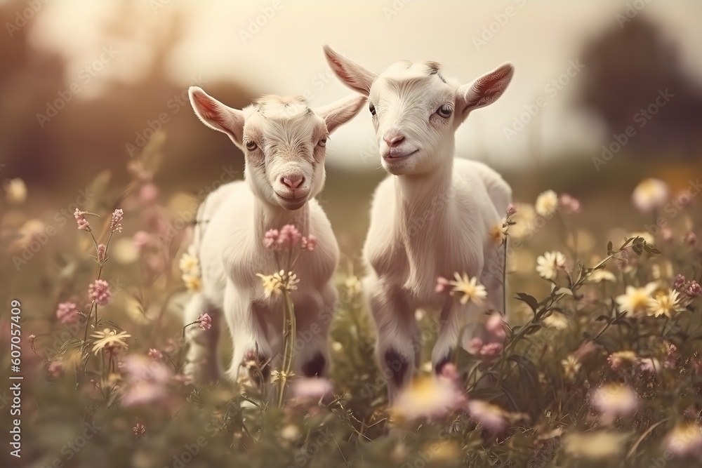 Two little funny baby goats playing in the field with flowers. Farm animals. , Generative AI