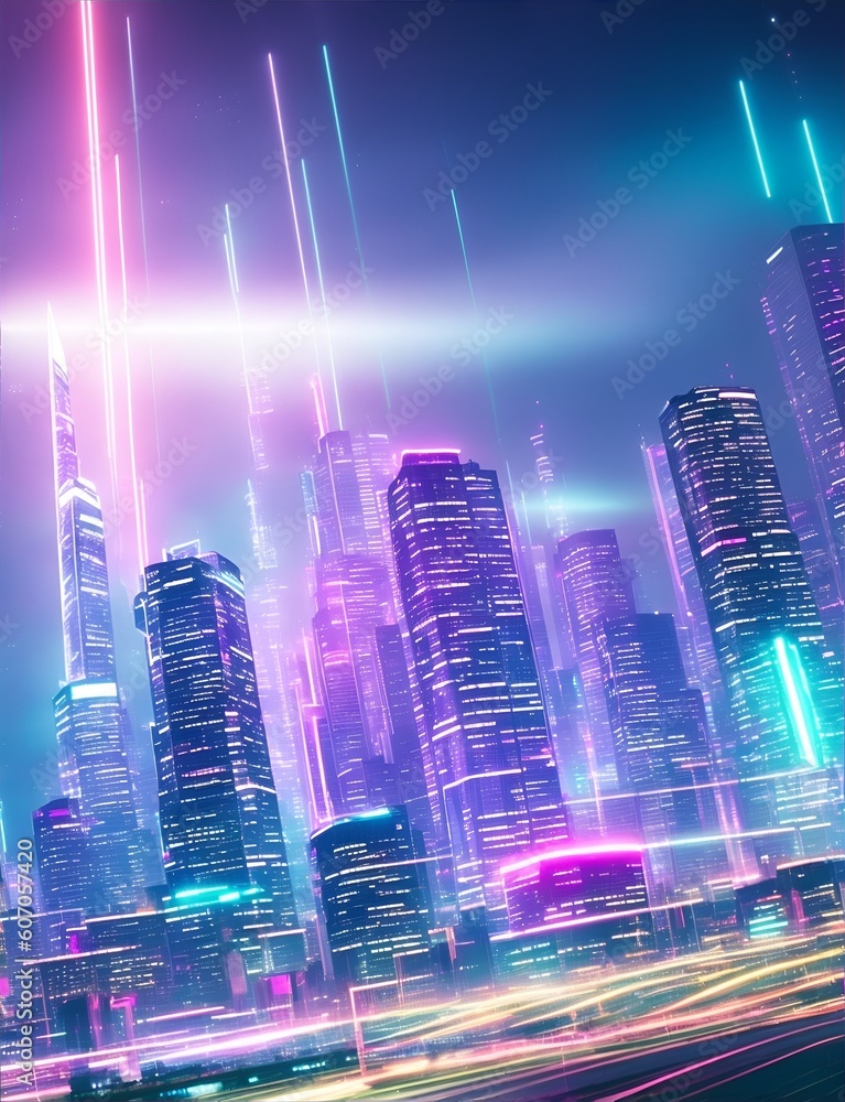 Futuristic cityscape with towering skyscra