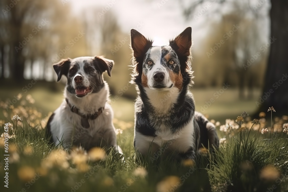 Two cute happy the dogs sit side by side on the spring green grass and look loyally up at their owner, Generative AI Two cute happy the dogs sit side by side on the spring green grass and look loyally up at their owner, Generative AI