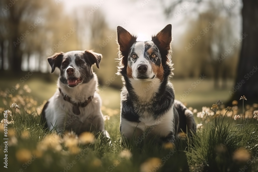 Two cute happy the dogs sit side by side on the spring green grass and look loyally up at their owner, Generative AI