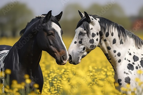 Two horses standing face to face, warmblood baroque type, barock pinto black - and - white tobiano patterned