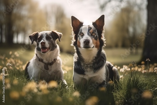 Two cute happy the dogs sit side by side on the spring green grass and look loyally up at their owner, Generative AI