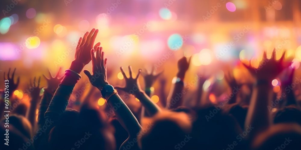 Cheering crowd with hands in air at music festival. Party beach. Blurred people having night beach party in summer vacation. Bokeh People have fun at night on a beach or performance hall. Generative A - obrazy, fototapety, plakaty 