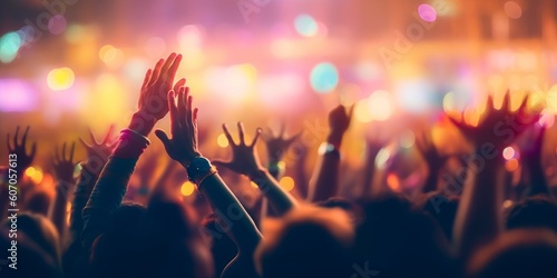Cheering crowd with hands in air at music festival. Party beach. Blurred people having night beach party in summer vacation. Bokeh People have fun at night on a beach or performance hall. Generative A