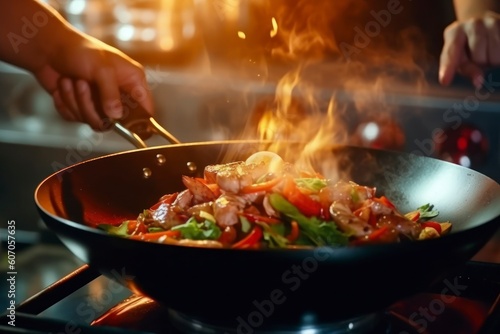Chef hands keep wok with fire, Closeup chef hands cook salmon fish with fire, Chef man burn food at professional kitchen. Generative AI