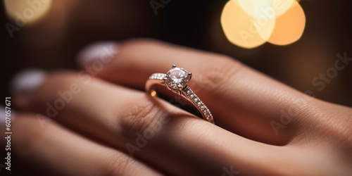 Close up of an elegant engagement diamond ring on woman finger. love and wedding concept. Diamond ring on young lady's hand on dark background, Generative AI