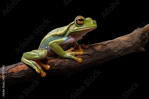 Javan tree frog on sitting on branch, flying frog on branch, tree frog on branch, Generative AI