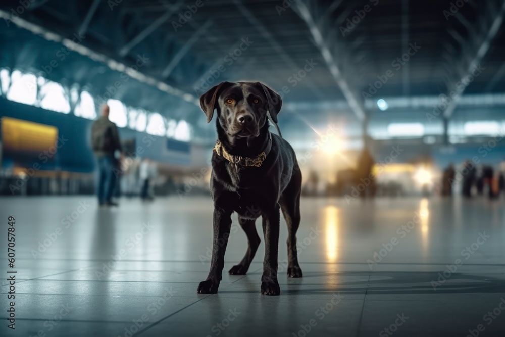 Security workers with detection dog patrolling airport terminal. Stock