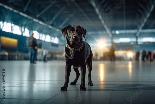 Security workers with detection dog patrolling airport terminal.