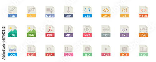 Set of file type icon set pack, all file type extension icon including programming file types photo