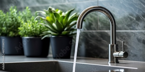 vintage marble kitchen faucet with a white sink and green plant in a stylish modern kitchen. Water tap , faucet. Modern bathroom faucet. Generative AI