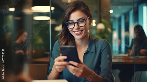 Photo of Young happy busy business woman executive using laptop mobile cell phone tech at office. Professional businesswoman holding smartphone, working on cellphone. Generative ai.