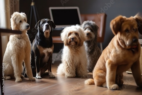 Dog talking to dog friends in video conference. Group of dogs online meeting in video call using a laptop. Labradoodle, Boxer, Poodle and Pomeranian chatting. Pets using a computer, Generative AI.