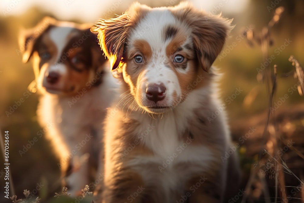 Australian Shepherd puppies play in grass, Generative AI