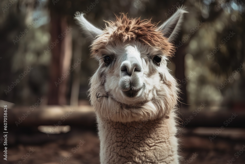 An adorable alpaca( lama, llama) at the zoo. Paddock cade with a gorgeous llama or alpaca. A hay chewing animal is depicted in this artwork. Tender alpaca in a zoo Generative AI