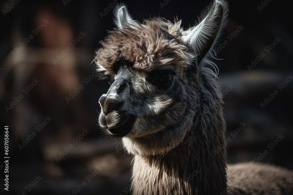 Fototapeta premium An adorable alpaca( lama, llama) at the zoo. Paddock cade with a gorgeous llama or alpaca. A hay chewing animal is depicted in this artwork. Tender alpaca in a zoo Generative AI