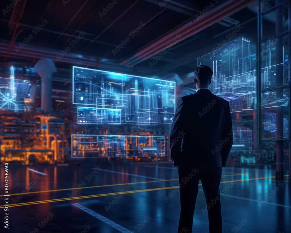 Businessman uses virtual reality mixed with artificial intelligence. Created with Generative AI technology. Businessman uses virtual reality mixed with artificial intelligence. Created with Generative AI technology.