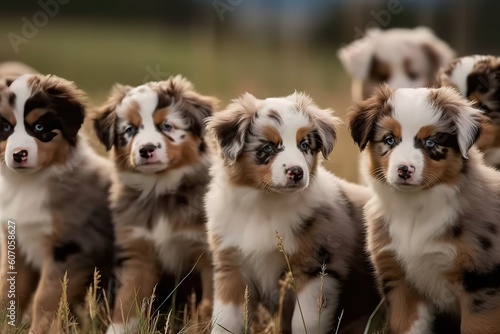 Fotografia Australian Shepherd puppies play in grass, Generative AI