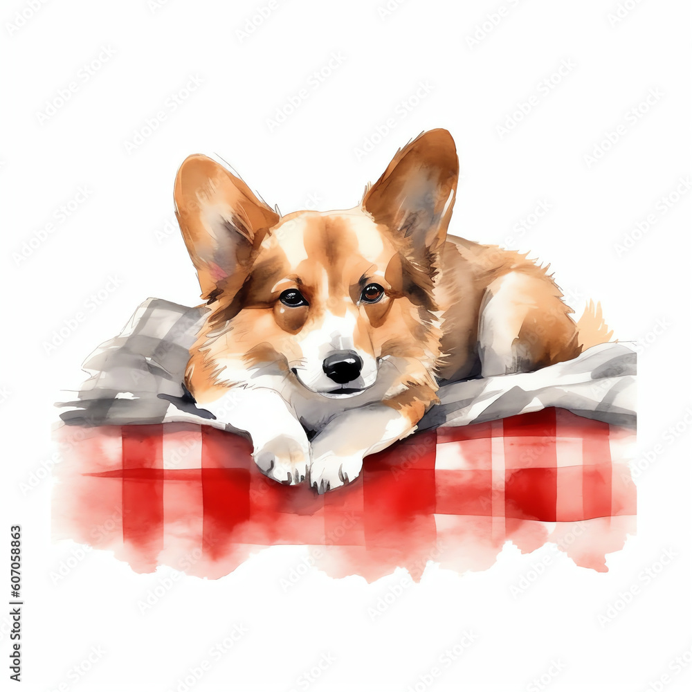 Generative AI Cute funny red corgi dog laying in grey plaid at cozy home Generative AI Cute funny red corgi dog laying in grey plaid at cozy home