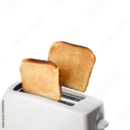 Roasted toast bread and toaster over white background.