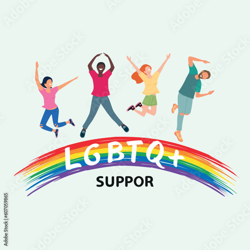 Happy people in love body jumping on Lgbt rainbow flag and letters, lgbt support concept. Illustration, Poster, Postcard, Vector, Tshirt, Background or wallpaper. 