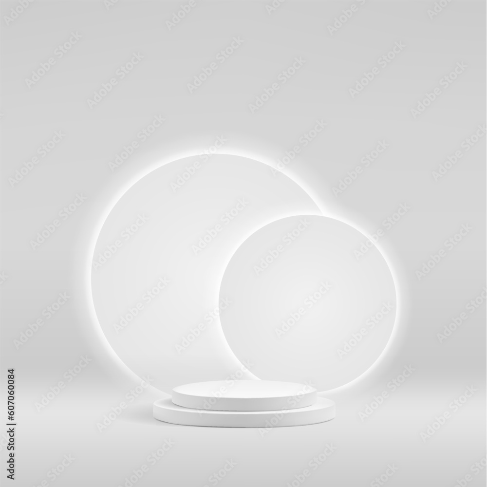 3d white podium stage with product stand. Round grey showcase as empty ...