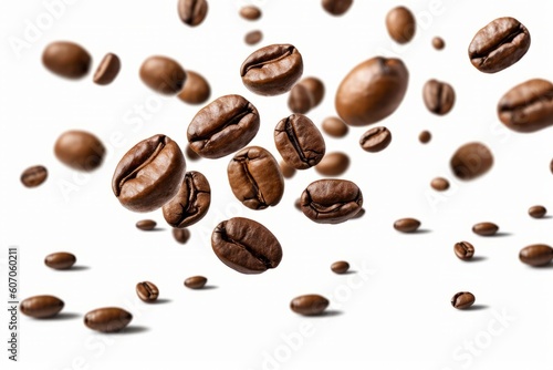A surreal image of coffee beans floating in mid-air  with no visible means of support. The coffee beans are shown in a variety of shapes and sizes on white background. Generative Ai