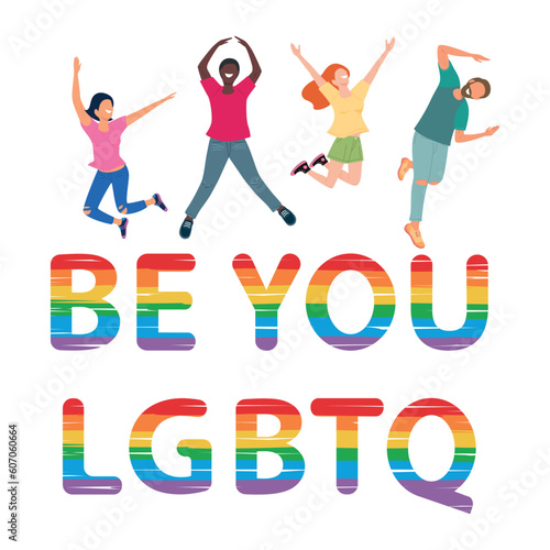 Happy people in love body jumping on Lgbt rainbow flag and letters, lgbt support concept. Illustration, Poster, Postcard, Vector, Tshirt, Background or wallpaper. 