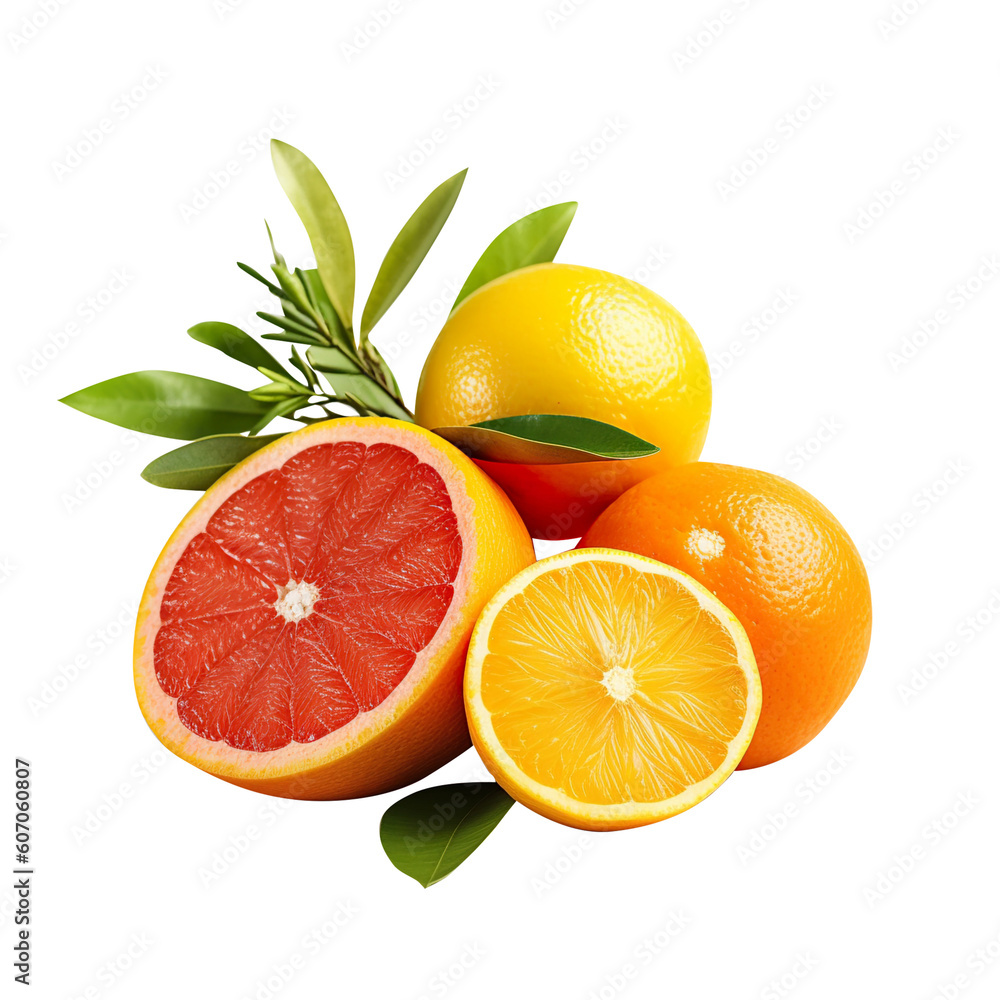fresh green and red blood orange half and whole with leaf with clipping path isolated on white background generated by ai , png file fresh green and red blood orange half and whole with leaf with clipping path isolated on white background generated by ai , png file