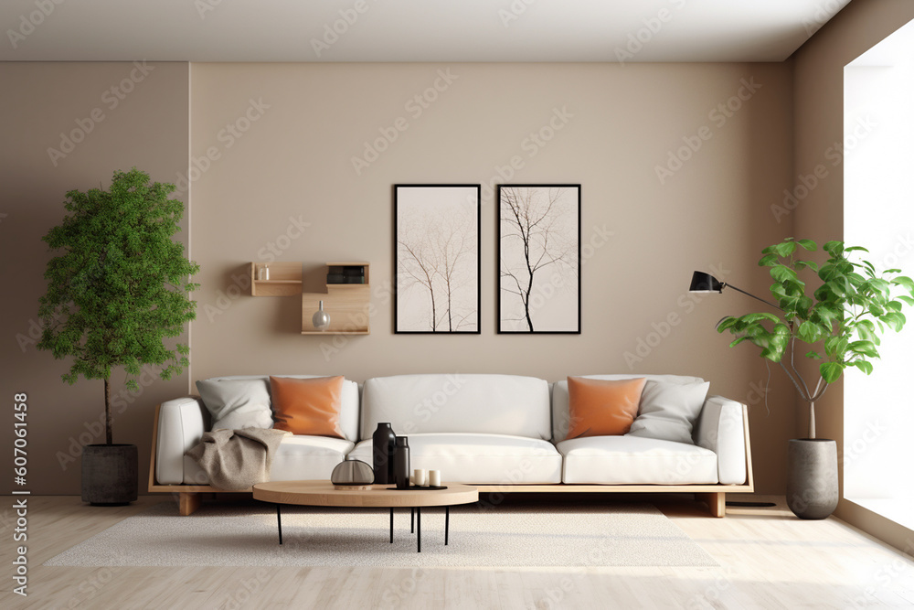 Obraz premium A living room with a large wall that has a plant in it and a couch.